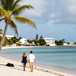 Caribbean Holidays, Adults Only Saint Martin, Couple walking along Orient Bay beach with calm blue water, palm trees and a relaxed Caribbean atmosphere