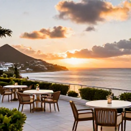 Caribbean Holidays, Adults Only Saint Martin, Elegant adults-only resort terrace overlooking the Caribbean at sunset on Sint Maarten