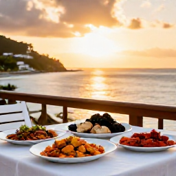 Caribbean Holidays, Adults Only Saint Martin, Outdoor table at a French Caribbean restaurant in Grand Case, serving fresh seafood at sunset