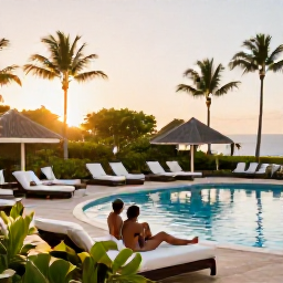 Caribbean Holidays, Adults Only Sports, Adults relaxing at a Caribbean resort pool after outdoor activities, tropical gardens, comfortable loungers and sunset light