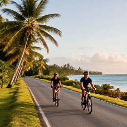Caribbean Holidays, Adults Only Sports, Couple cycling along a quiet tropical coastal road in the Caribbean, with lush greenery, blue sea and warm morning light