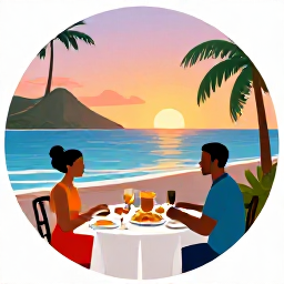 Caribbean Holidays, Adults Only SVG, A friendly Caribbean evening in Saint Vincent and the Grenadines, with a couple dining outdoors beside the sea and local food on the table