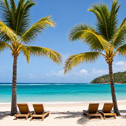 Caribbean Holidays, Adults Only SVG, A quiet adults-only beachfront resort on a tropical island in Saint Vincent and the Grenadines, with palm trees, turquoise sea and comfortable sun loungers