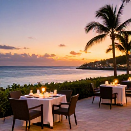 Caribbean Holidays, Adults Only SVG, An elegant adults-only hotel terrace overlooking a Caribbean bay at sunset, with dining tables, soft lighting and a peaceful romantic atmosphere