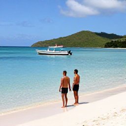 Caribbean Holidays, Adults Only SVG, Couple enjoying a peaceful white-sand beach and clear shallow water in the Grenadines, with a small boat offshore and green hills in the background