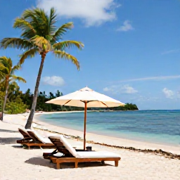 Caribbean Holidays, Adults Only Trinidad, A quiet adults-only beach resort on the Caribbean coast of Tobago, with sun loungers, palm trees and calm turquoise water