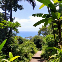 Caribbean Holidays, Adults Only Trinidad, Adults exploring lush Tobago rainforest and a scenic coastal viewpoint, tropical greenery, walking trail and distant blue sea