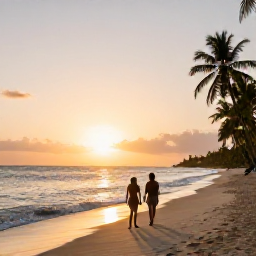 Caribbean Holidays, Adults Only Trinidad, Couple enjoying a quiet sunset on a Caribbean beach in Tobago, soft golden light, calm waves and palm-lined shore