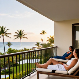 Caribbean Holidays, Adults Only Trinidad, Couple relaxing at a stylish adults-only Caribbean resort, private balcony overlooking tropical gardens and sea, peaceful morning light