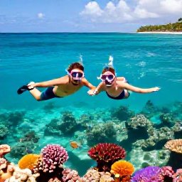 Caribbean Holidays, Adults Only Trinidad, Couple snorkelling in clear Tobago water near a colourful coral reef, with tropical fish and a sunny coastline in the background