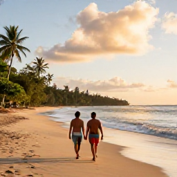 Caribbean Holidays, Adults Only Trinidad, Couple walking along a peaceful golden beach in Tobago at sunset, with gentle waves and tropical greenery