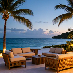 Caribbean Holidays, Adults Only Trinidad, Relaxed adults-only Caribbean resort terrace overlooking the sea at dusk, with comfortable seating and soft evening light