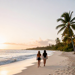 Caribbean Holidays, Adults Only Turks and Caicos, Couple walking along a deserted beach at sunrise in Turks and Caicos, with gentle waves and palm trees