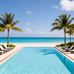 Caribbean Holidays, Adults Only Turks and Caicos, Elegant adults-only resort pool overlooking Grace Bay Beach, with sun loungers and palm trees