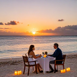 Caribbean Holidays, Adults Only Turks and Caicos, Romantic beachfront dinner for two at sunset in Turks and Caicos, with candles and ocean views
