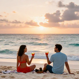Caribbean Holidays, Adults Only Turks, Couple relaxing on a quiet Turks and Caicos beach at sunset, gentle waves, two cocktails and a peaceful Caribbean atmosphere