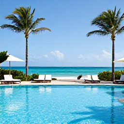 Caribbean Holidays, Adults Only Turks, Peaceful adults-only resort pool overlooking Grace Bay in Turks and Caicos, palm trees, elegant loungers and bright Caribbean sunshine