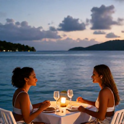 Caribbean Holidays, Adults Only USVI, Couple enjoying a candlelit dinner beside the Caribbean Sea in the US Virgin Islands, relaxed evening atmosphere
