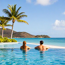 Caribbean Holidays, Adults-Only USVI, Couple relaxing beside an infinity pool at an adults-only Caribbean resort in the US Virgin Islands, palm trees and ocean views