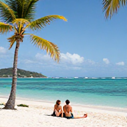 Caribbean Holidays, Adults Only USVI, Couple relaxing on a quiet white-sand beach in the US Virgin Islands, turquoise Caribbean water and swaying palms
