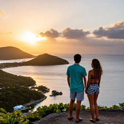 Caribbean Holidays, Adults-Only USVI, Couple watching sunset from a hilltop viewpoint over the Caribbean islands in the US Virgin Islands