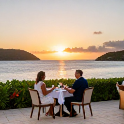 Caribbean Holidays, Adults Only USVI, Elegant adults-only resort terrace overlooking a Caribbean bay at sunset, couples dining outdoors