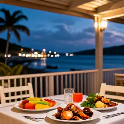 Caribbean Holidays, Adults-Only USVI, Outdoor table at a Caribbean restaurant in Charlotte Amalie, fresh seafood, tropical evening light and harbour views