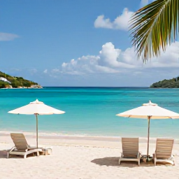 Caribbean Holidays, Adults-Only USVI, Quiet adults-only beach resort on St Thomas in the United States Virgin Islands, turquoise sea, white sand and shaded loungers