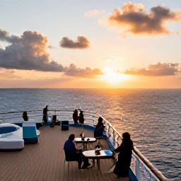Caribbean Holidays, Adventure Cruises, Comfortable expedition cruise ship at sunset with passengers enjoying an open deck, calm Caribbean sea and warm golden light