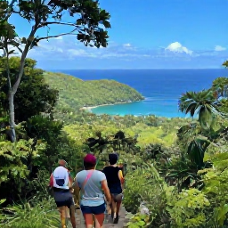 Caribbean Holidays, Adventure Cruises, Hikers walking through lush Caribbean rainforest towards a viewpoint over green hills, blue sea and a small bay