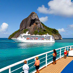 Caribbean Holidays, Adventure Cruises, Small expedition cruise ship sailing past a rugged Caribbean island with turquoise water, bright sky and passengers on deck