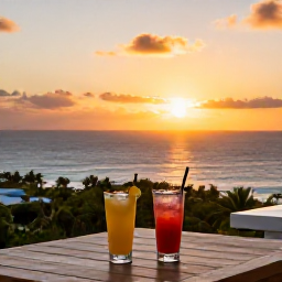 Caribbean Holidays, Adventure Holidays, Adults-only Caribbean resort terrace at sunset with two drinks overlooking the sea
