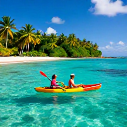 Caribbean Holidays, Adventure Holidays, Couple kayaking through clear turquoise Caribbean water beside a green tropical coastline