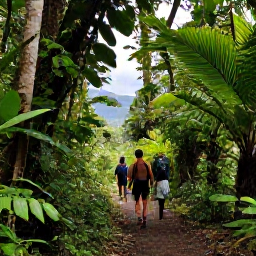 Caribbean Holidays, Adventure Holidays, Travellers hiking on a shaded rainforest trail with tropical plants and distant Caribbean mountains