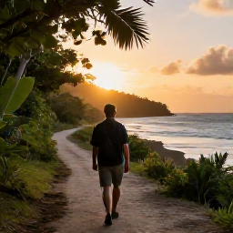 Caribbean Holidays, Adventure Safaris, A friendly local guide leading travellers along a coastal Caribbean trail with forest, sea and golden evening light