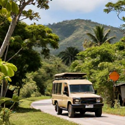 Caribbean Holidays, Adventure Safaris, A rugged safari vehicle travelling through a sunlit Caribbean nature reserve with tropical forest and distant hills