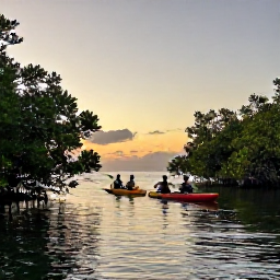 Caribbean Holidays, Adventure Safaris, A small group in kayaks exploring a calm Caribbean mangrove lagoon at sunset with tropical plants and wildlife