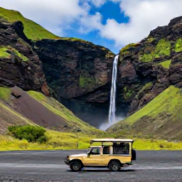 Caribbean Holidays, Adventure Safaris, An open safari jeep crossing a volcanic Caribbean valley with waterfalls, green mountains and blue sky