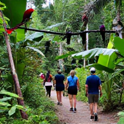 Caribbean Holidays, Adventure Safaris, Visitors on a guided rainforest safari watching colourful tropical birds and monkeys from a shaded trail