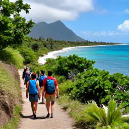 Caribbean Holidays, Adventure Walking, A small group of walkers following a lush coastal trail beside turquoise Caribbean sea, tropical vegetation and distant mountains