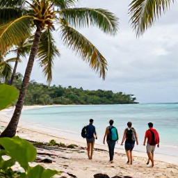 Caribbean Holidays, Adventure Walking, Happy walkers enjoying a quiet Caribbean beach after a rainforest hike, with backpacks, palm trees and calm turquoise water