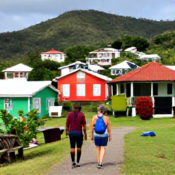 Caribbean Holidays, Adventure Walking, Local guide and holiday walkers passing colourful Caribbean houses in a welcoming hillside village