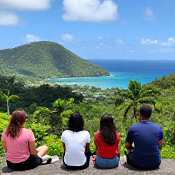 Caribbean Holidays, Adventure Walking, Walkers resting at a panoramic viewpoint overlooking rainforest, green hills and a bright blue Caribbean bay