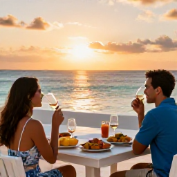 Caribbean Holidays, Adventure Wine Holidays, A couple relaxing on a Caribbean terrace after an adventurous day, with tasting glasses, local food and a glowing sunset over the ocean