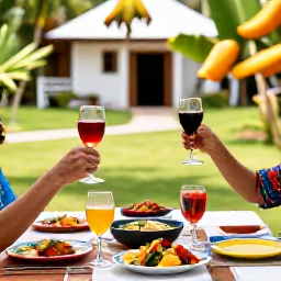 Caribbean Holidays, Adventure Wine Holidays, A friendly outdoor Caribbean wine tasting with local dishes, colourful tableware, tropical fruit and glasses raised beside a plantation
