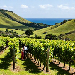 Caribbean Holidays, Adventure Wine Holidays, A sunlit Caribbean vineyard surrounded by green hills, with visitors exploring rows of grapevines and the sea visible in the distance