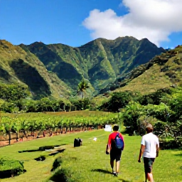 Caribbean Holidays, Adventure Wine Holidays, Travellers hiking through a lush tropical Caribbean valley towards a small vineyard, with mountains, palms and bright blue sky