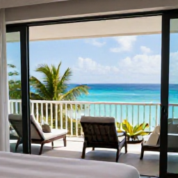 Caribbean Holidays, All Inclusive Holidays, A comfortable Caribbean resort room opening onto a balcony with sea views, tropical greenery and bright morning light