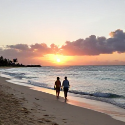 Caribbean Holidays, All Inclusive Holidays, A couple walking along a quiet Caribbean beach at golden hour, with gentle waves and a colourful sunset