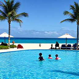 Caribbean Holidays, All Inclusive Holidays, A family-friendly Caribbean resort swimming pool with children playing, adults relaxing and a sandy beach beyond